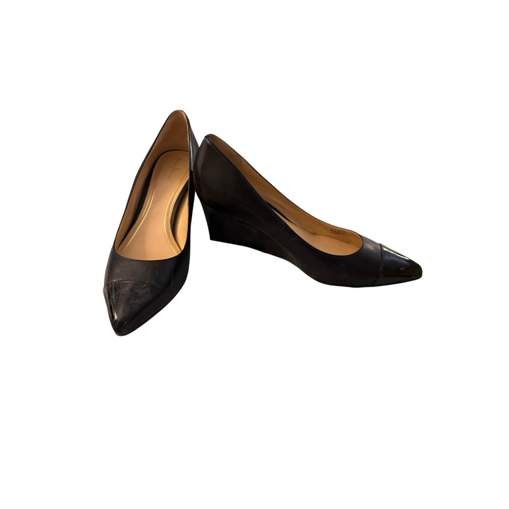 Cole Haan Womens Chelsea Black Leather Patent Cap Toe 11M Wedge Pumps